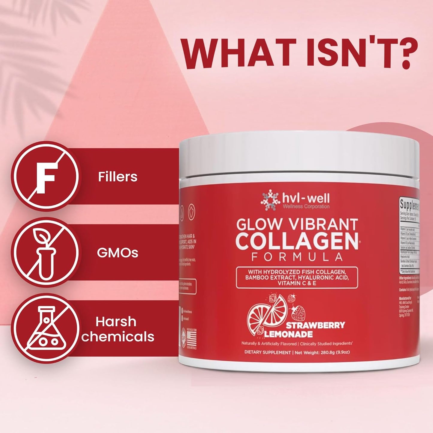 Organic Collagen Peptide Powder for Healthy Bones, Skin, Nails & Hair - Strawberry Lemonade Flavored - Sugar Free - 30 Servings