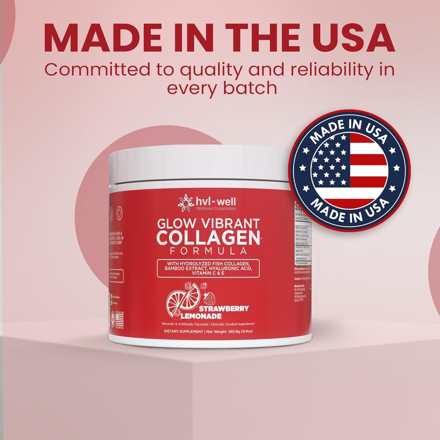 Organic Collagen Peptide Powder for Healthy Bones, Skin, Nails & Hair - Strawberry Lemonade Flavored - Sugar Free - 30 Servings