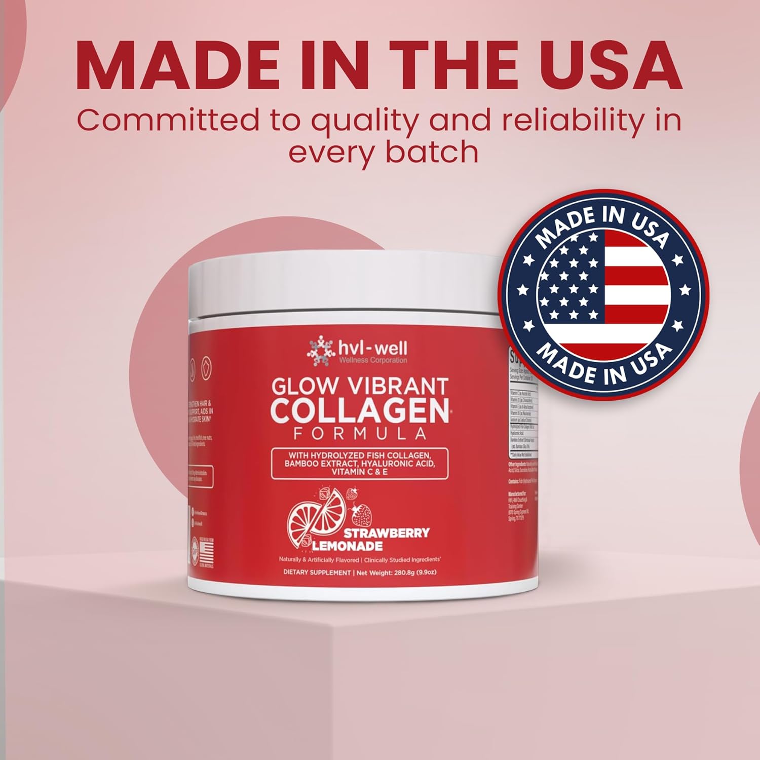Organic Collagen Peptide Powder for Healthy Bones, Skin, Nails & Hair - Strawberry Lemonade Flavored - Sugar Free - 30 Servings