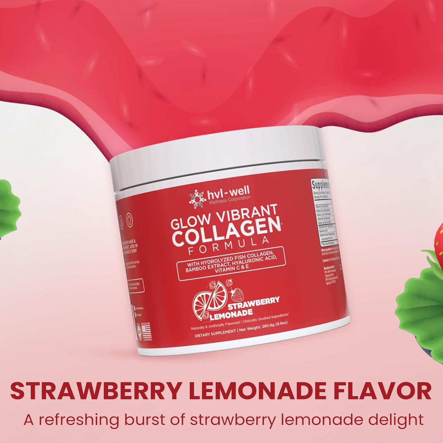Organic Collagen Peptide Powder for Healthy Bones, Skin, Nails & Hair - Strawberry Lemonade Flavored - Sugar Free - 30 Servings