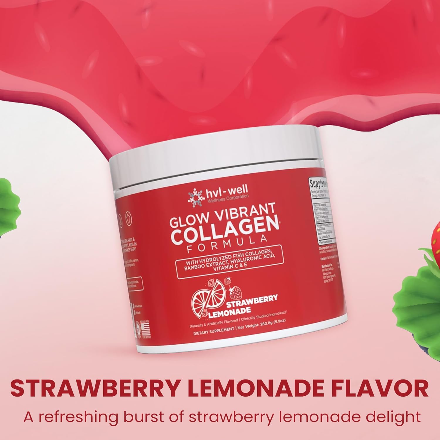 Organic Collagen Peptide Powder for Healthy Bones, Skin, Nails & Hair - Strawberry Lemonade Flavored - Sugar Free - 30 Servings