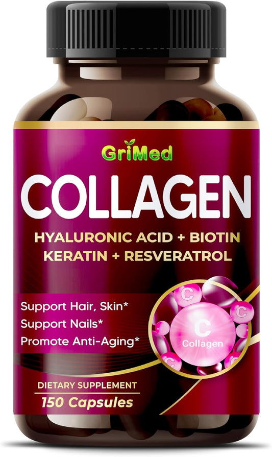 Organic Collagen Supplement with Hyaluronic Acid, Biotin, Keratin, Resveratrol - Hair Skin Nails Vitamins - 6,419 mg - Made in USA - 90 Count