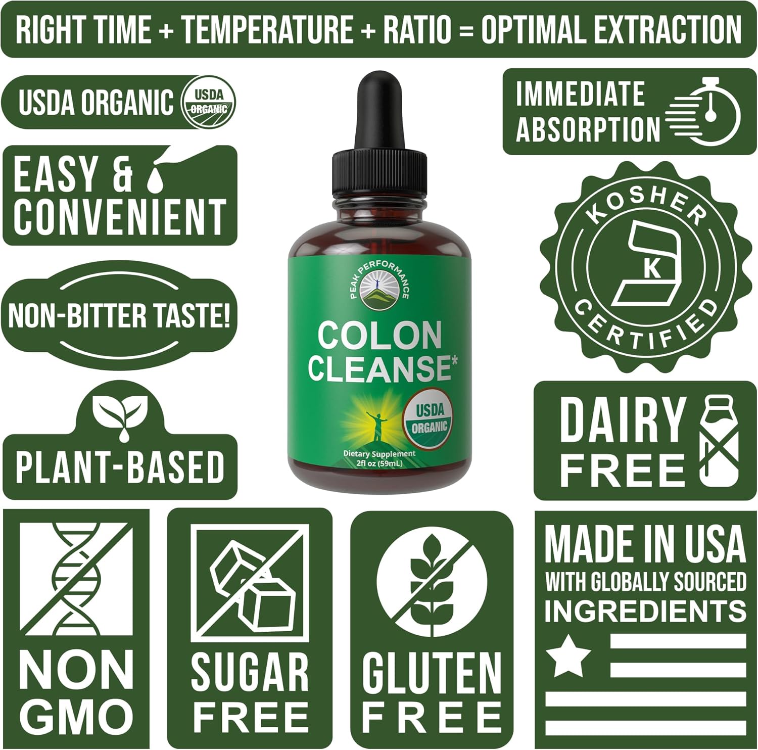 Organic Colon Cleanse Liquid Drops - Vegan & Kosher Detox Supplement with Gentle Herbal Ingredients - USDA Certified