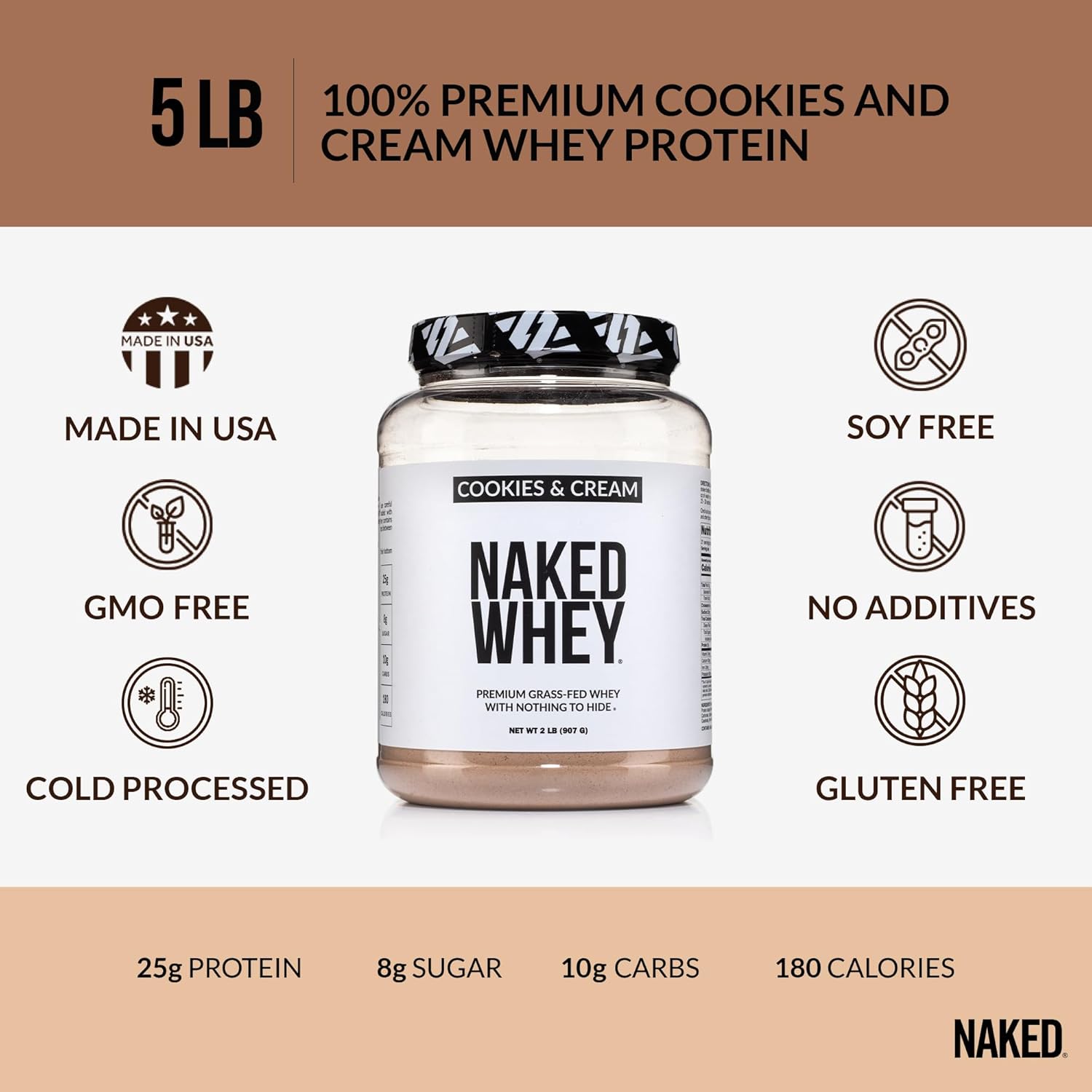 Organic Cookies and Cream Grass-Fed Whey Protein Powder - Non-GMO, Gluten-Free, 52 Servings