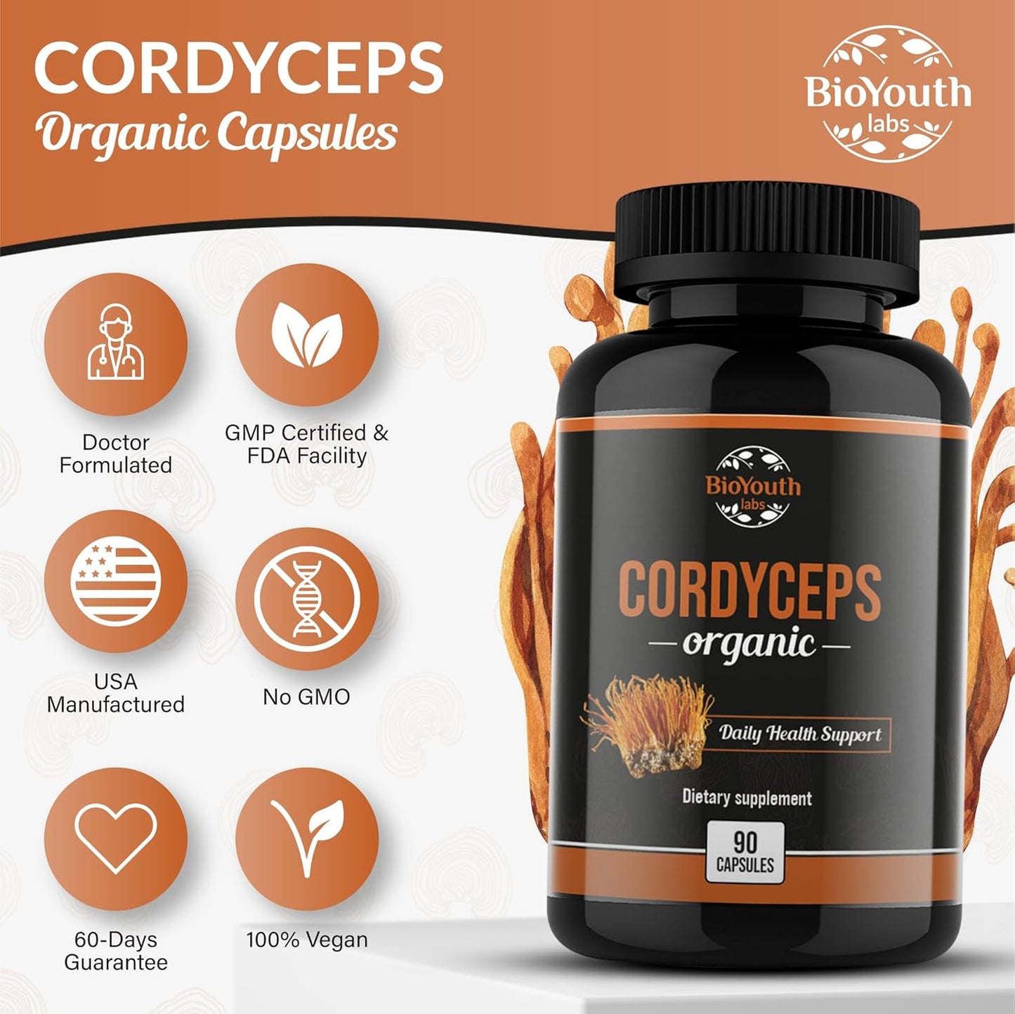 Organic Cordyceps Militaris Dietary Supplement for Natural Energy Boost and Respiratory Health - 90 Capsules, Clinically Proven, Non-GMO & Allergen-Free