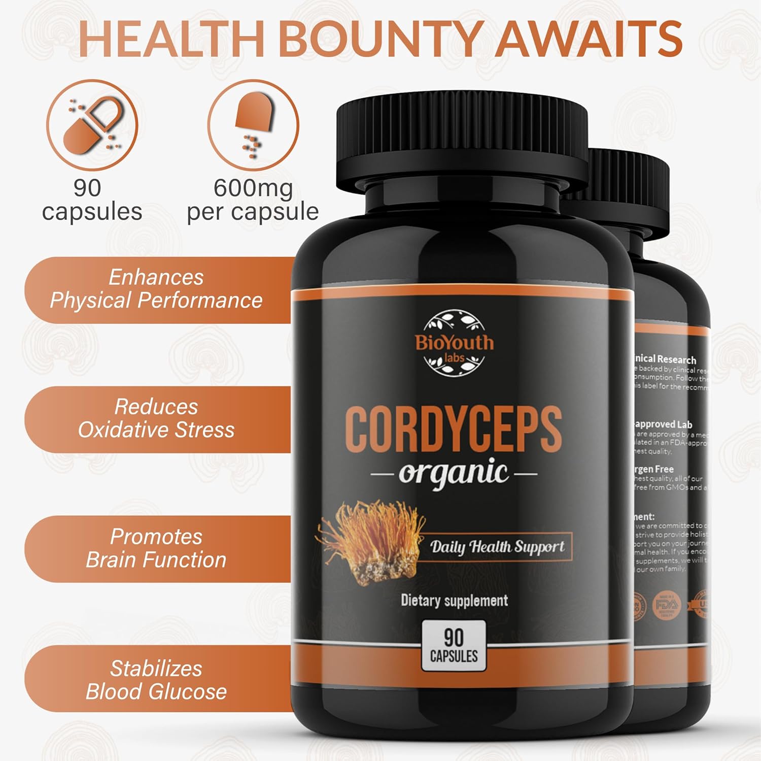 Organic Cordyceps Militaris Dietary Supplement for Natural Energy Boost and Respiratory Health - 90 Capsules, Clinically Proven, Non-GMO & Allergen-Free