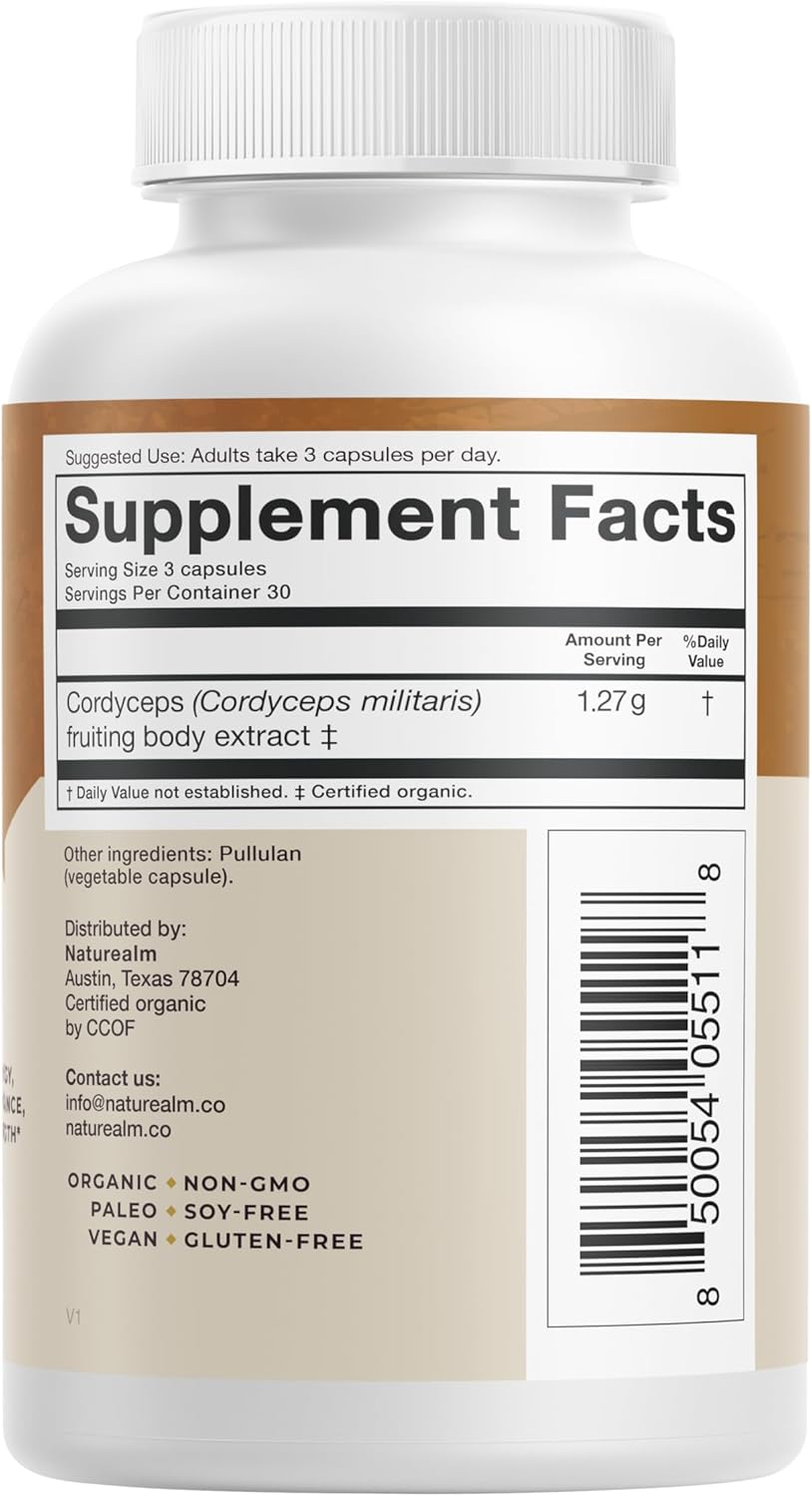 Organic Cordyceps Mushroom Capsules - Boost Energy, Stamina, Immunity - Vegan, Non-GMO - 30 Day Supply