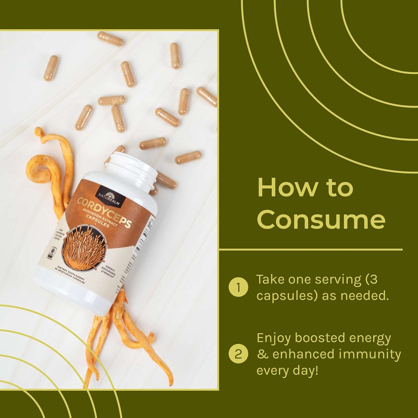 Organic Cordyceps Mushroom Capsules - Boost Energy, Stamina, Immunity - Vegan, Non-GMO - 30 Day Supply