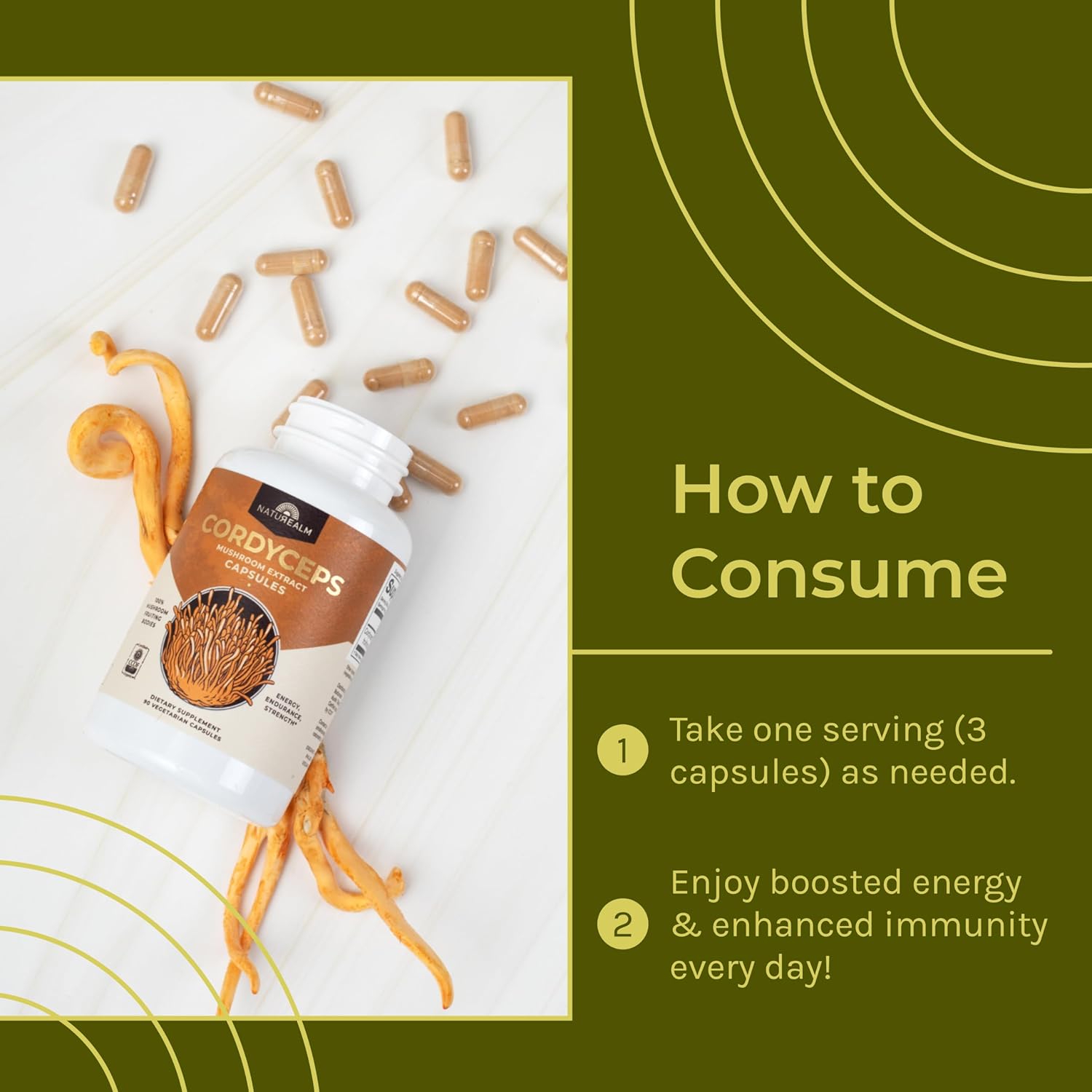 Organic Cordyceps Mushroom Capsules - Boost Energy, Stamina, Immunity - Vegan, Non-GMO - 30 Day Supply