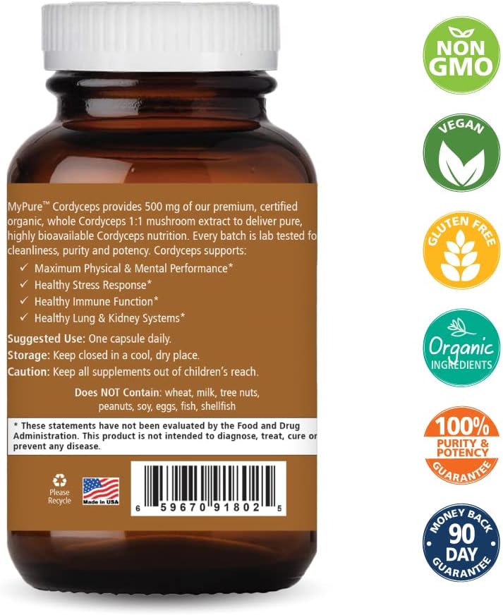 Organic Cordyceps Mushroom Supplement for Immune Support and Stress Relief - 100% Real Extract - Energy Booster for Adults - 60 Capsules