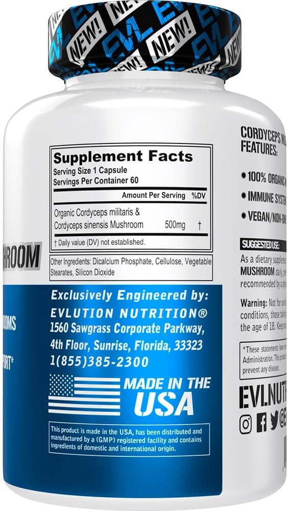 Organic Cordyceps Mushroom Supplement for Immune System & Heart Health - 500mg - Vegan - Non-GMO - 60 Servings