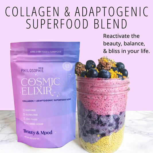 Organic Cosmic Elixir Superfood Blend with Collagen & Adaptogens - 32 Servings, Improves Gut, Emotional Balance, Joint Health, Skin Vitality, Hormones