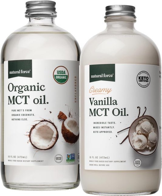 Organic Creamy Vanilla MCT Oil Combo - Gluten-Free, Non GMO, Pure Coconut MCTs - Keto, Paleo, Vegan - 2x 16oz Glass Bottles