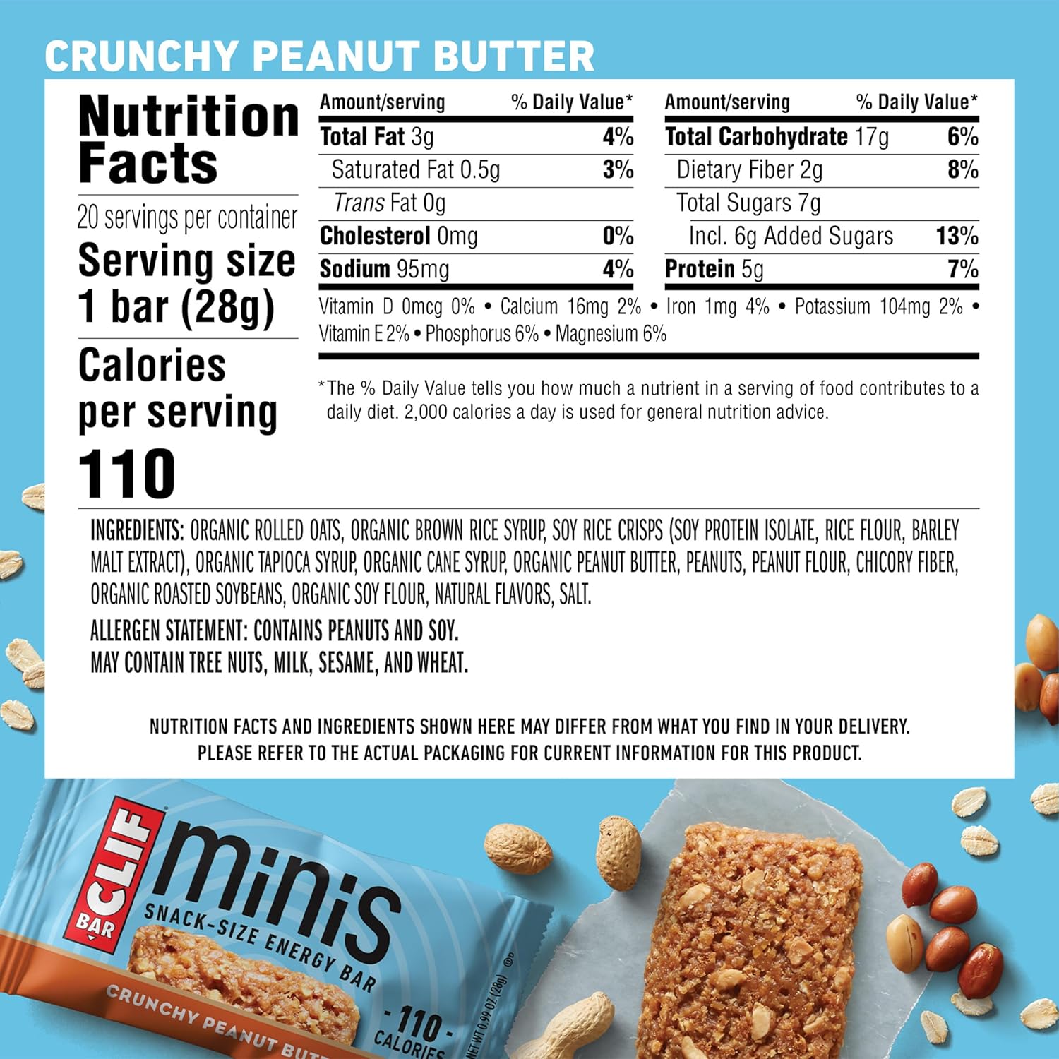 Organic Crunchy Peanut Butter Clif Bar Minis - 5g Protein - Non-GMO - Plant Based Energy Bars (20 Pack)