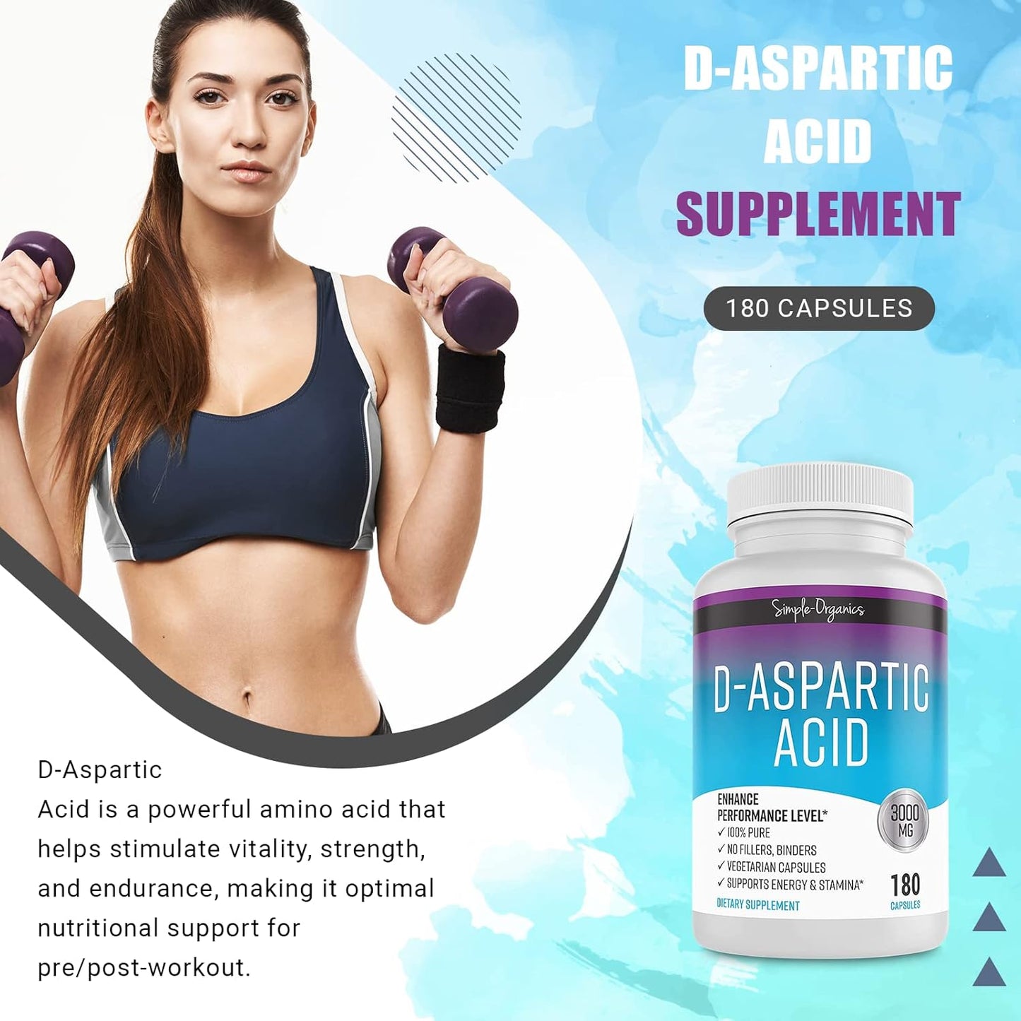 Organic D-Aspartic Acid Supplement for Energy Support, 3000mg per Serving, 180 Vegan Capsules, Gluten-Free & Non-GMO