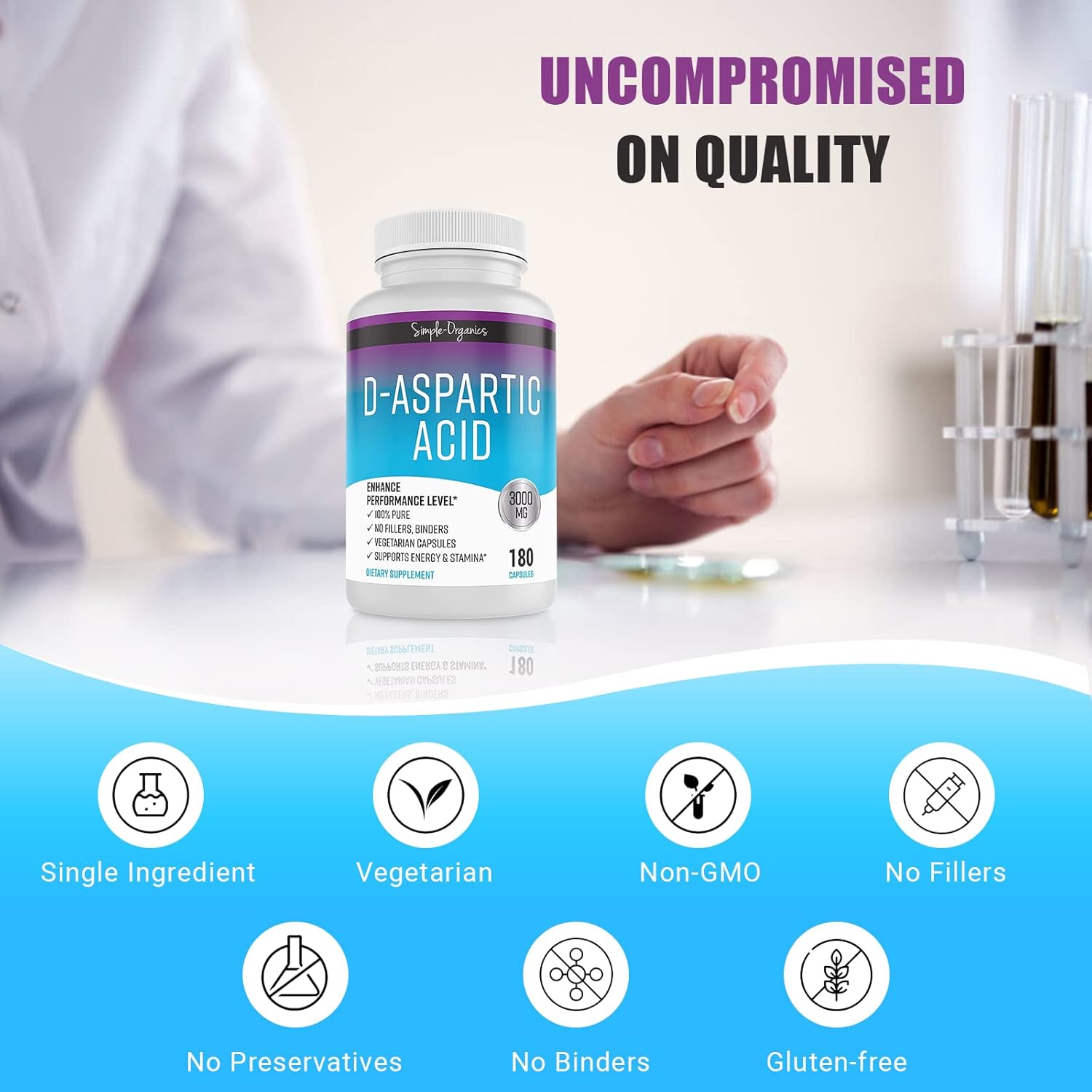 Organic D-Aspartic Acid Supplement for Energy Support, 3000mg per Serving, 180 Vegan Capsules, Gluten-Free & Non-GMO