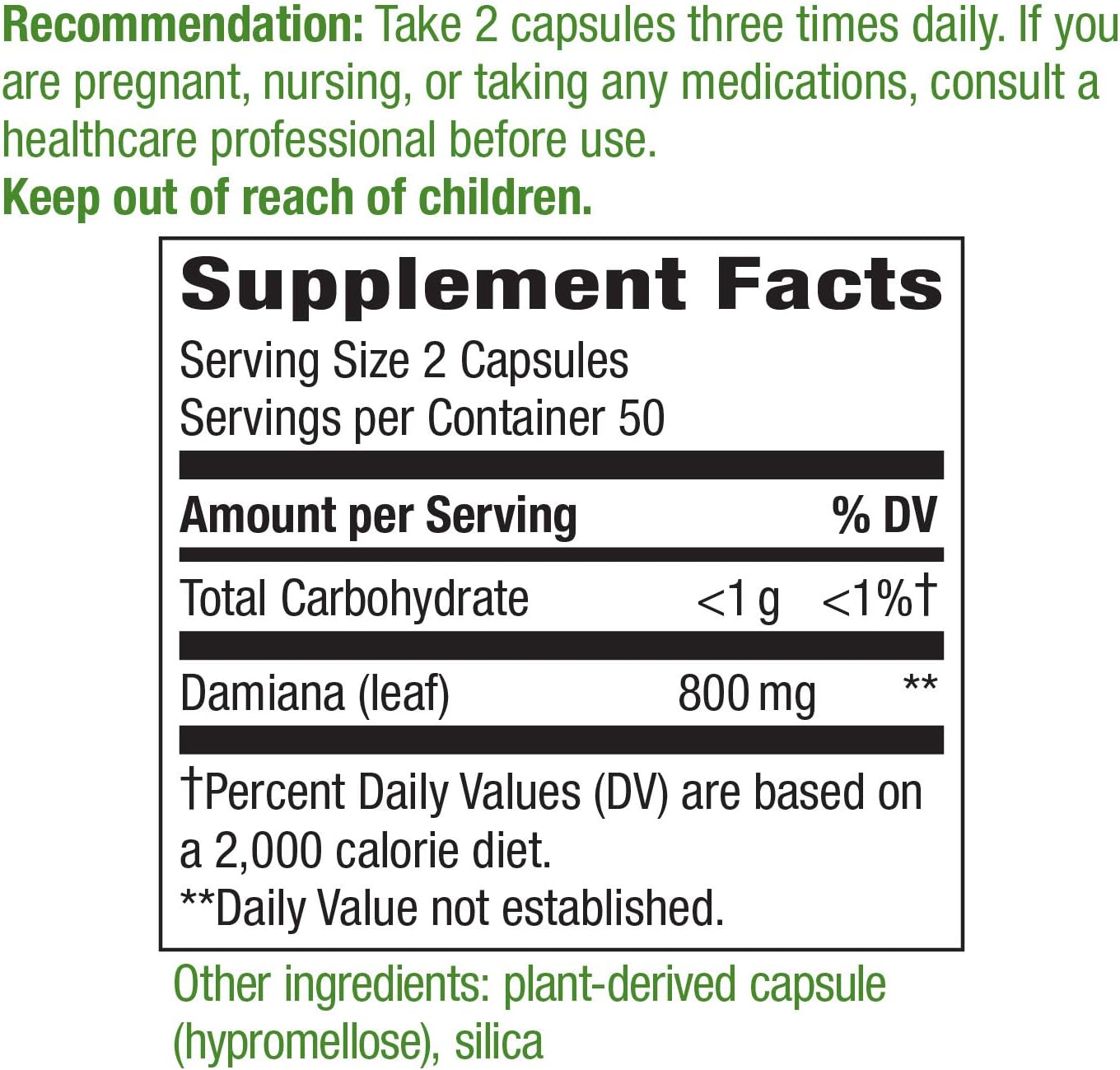 Organic Damiana Leaves Capsules - 600mg per Serving, 100 Capsules, Vegan-Friendly