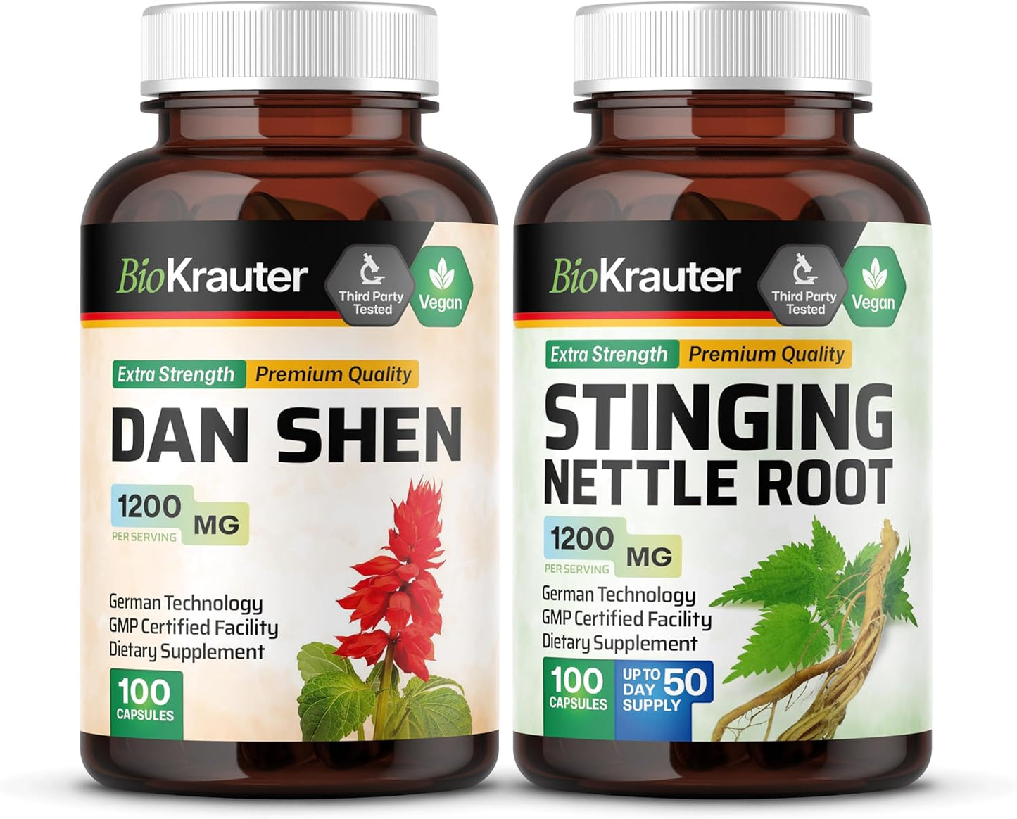 Organic Dan Shen and Stinging Nettle Capsules Bundle - 100 Capsules Each