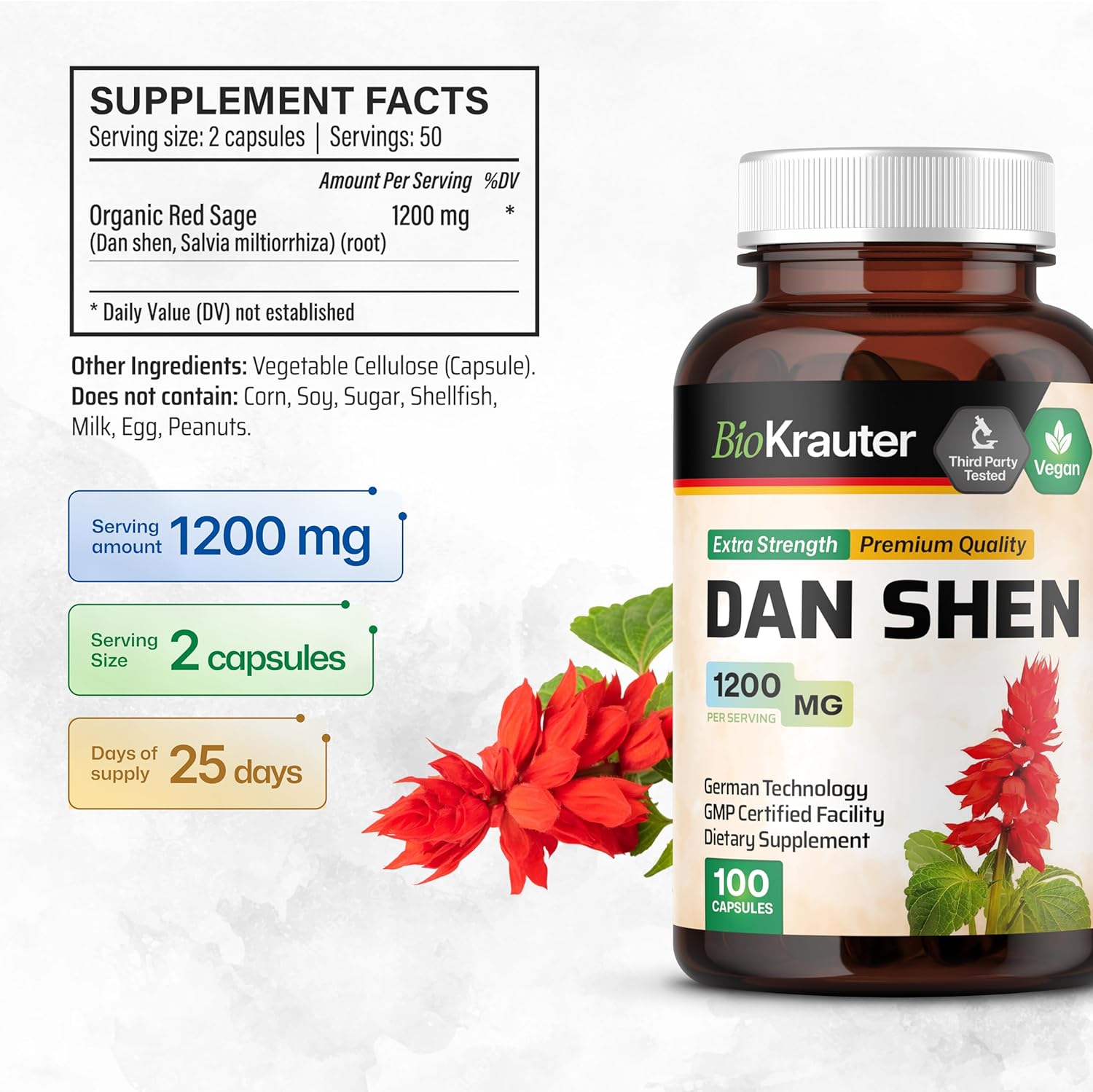 Organic Dan Shen and Stinging Nettle Capsules Bundle - 100 Capsules Each