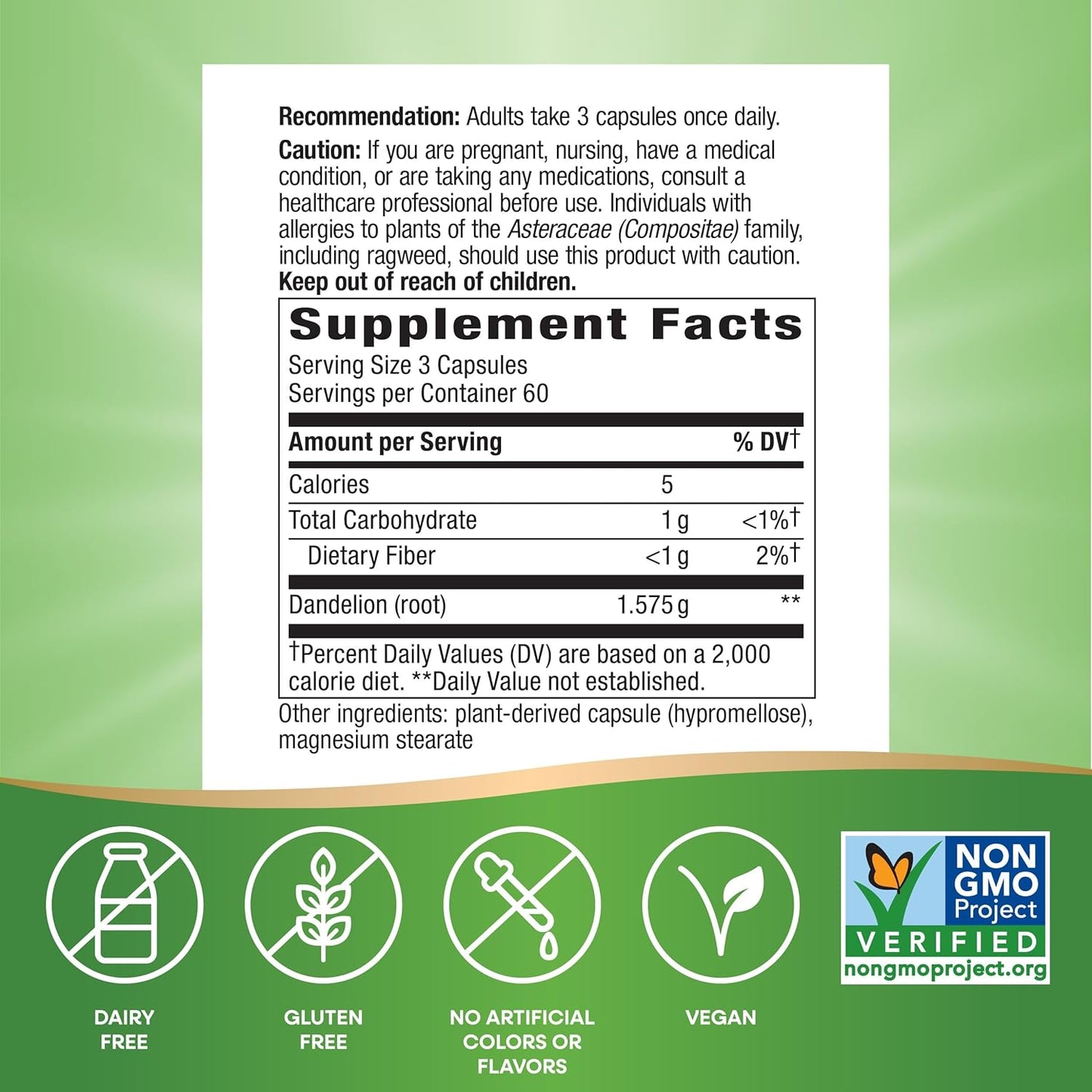 Organic Dandelion Root Capsules - Natural Diuretic and Digestive Aid - 180 Vegan Capsules