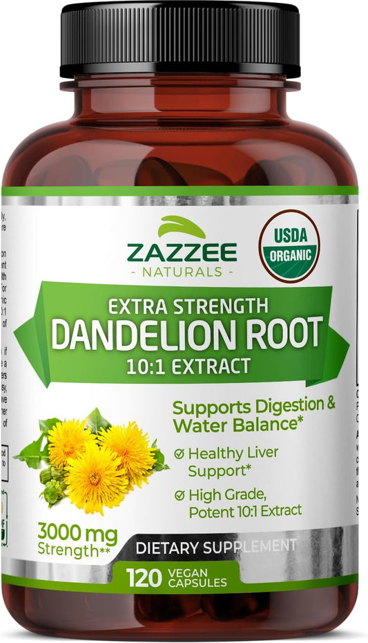 Organic Dandelion Root Extract Capsules - 3000mg, 120ct, 4 Month Supply - 10:1 Concentration, USDA Certified, Non-GMO, Vegetarian