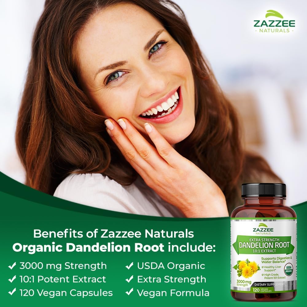 Organic Dandelion Root Extract Capsules - 3000mg, 120ct, 4 Month Supply - 10:1 Concentration, USDA Certified, Non-GMO, Vegetarian
