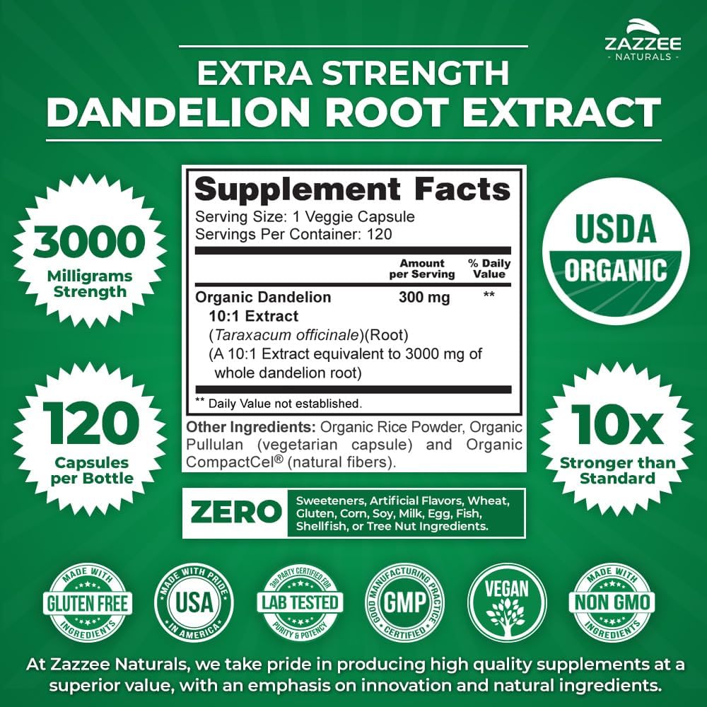 Organic Dandelion Root Extract Capsules - 3000mg, 120ct, 4 Month Supply - 10:1 Concentration, USDA Certified, Non-GMO, Vegetarian