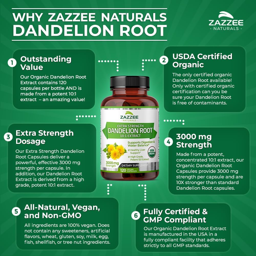 Organic Dandelion Root Extract Capsules - 3000mg, 120ct, 4 Month Supply - 10:1 Concentration, USDA Certified, Non-GMO, Vegetarian