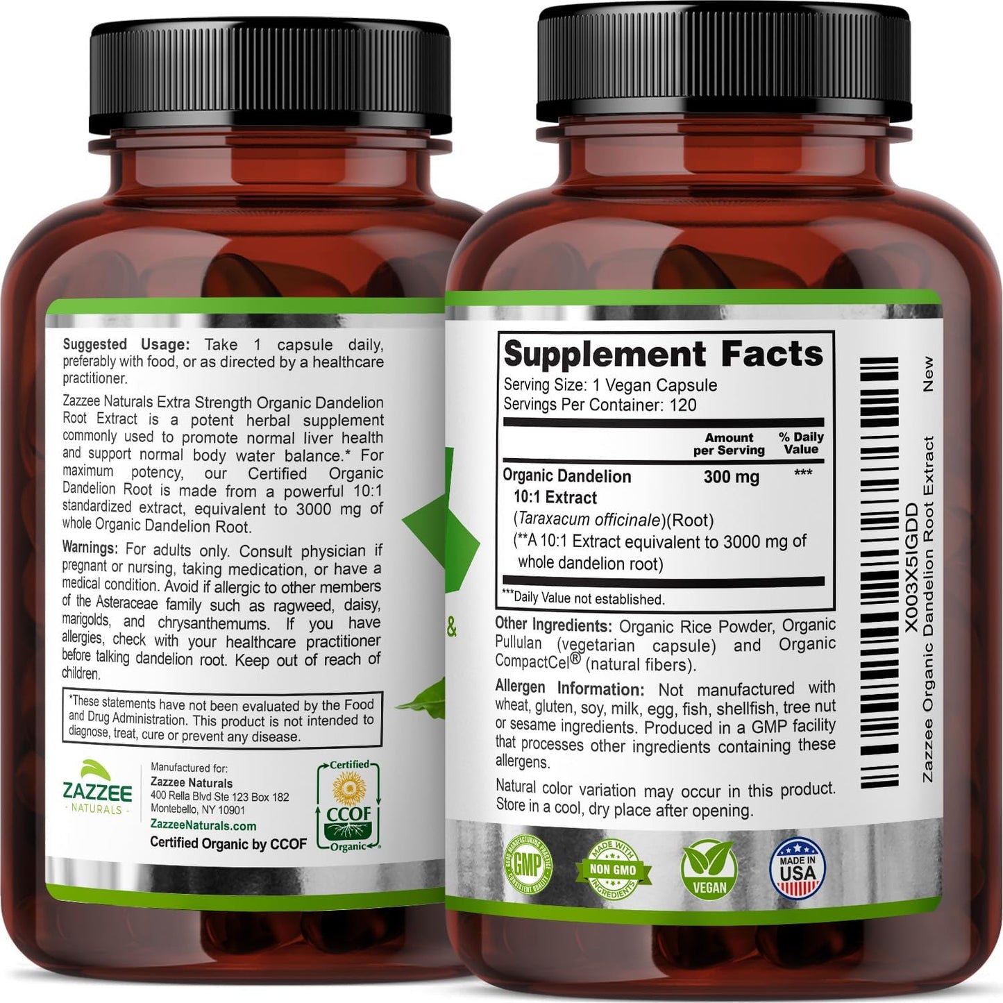Organic Dandelion Root Extract Capsules - 3000mg, 120ct, 4 Month Supply - 10:1 Concentration, USDA Certified, Non-GMO, Vegetarian
