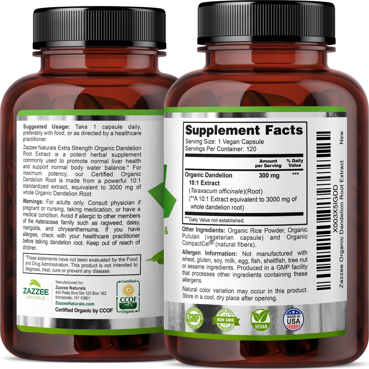 Organic Dandelion Root Extract Capsules - 3000mg, 120ct, 4 Month Supply - 10:1 Concentration, USDA Certified, Non-GMO, Vegetarian