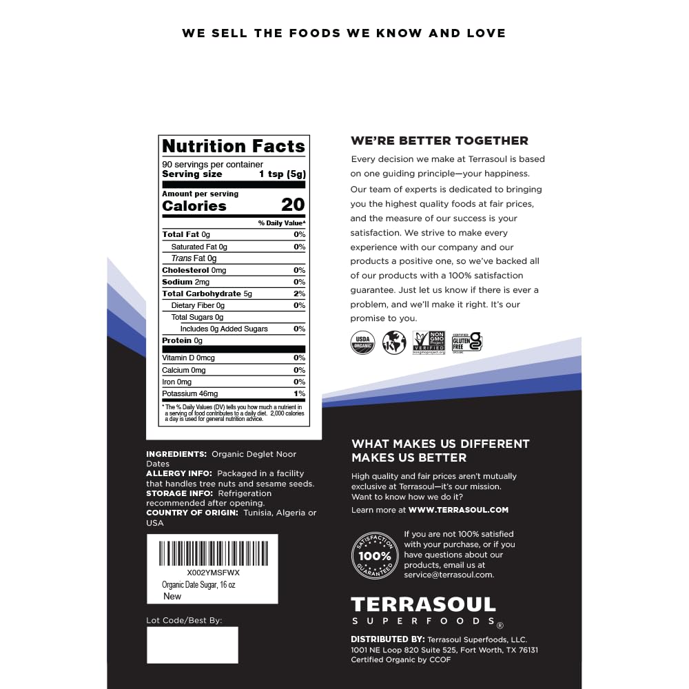 Organic Date Sugar by Terrasoul Superfoods: 1 Lb Pack - Low Glycemic Index, Unrefined, Rich in Trace Minerals