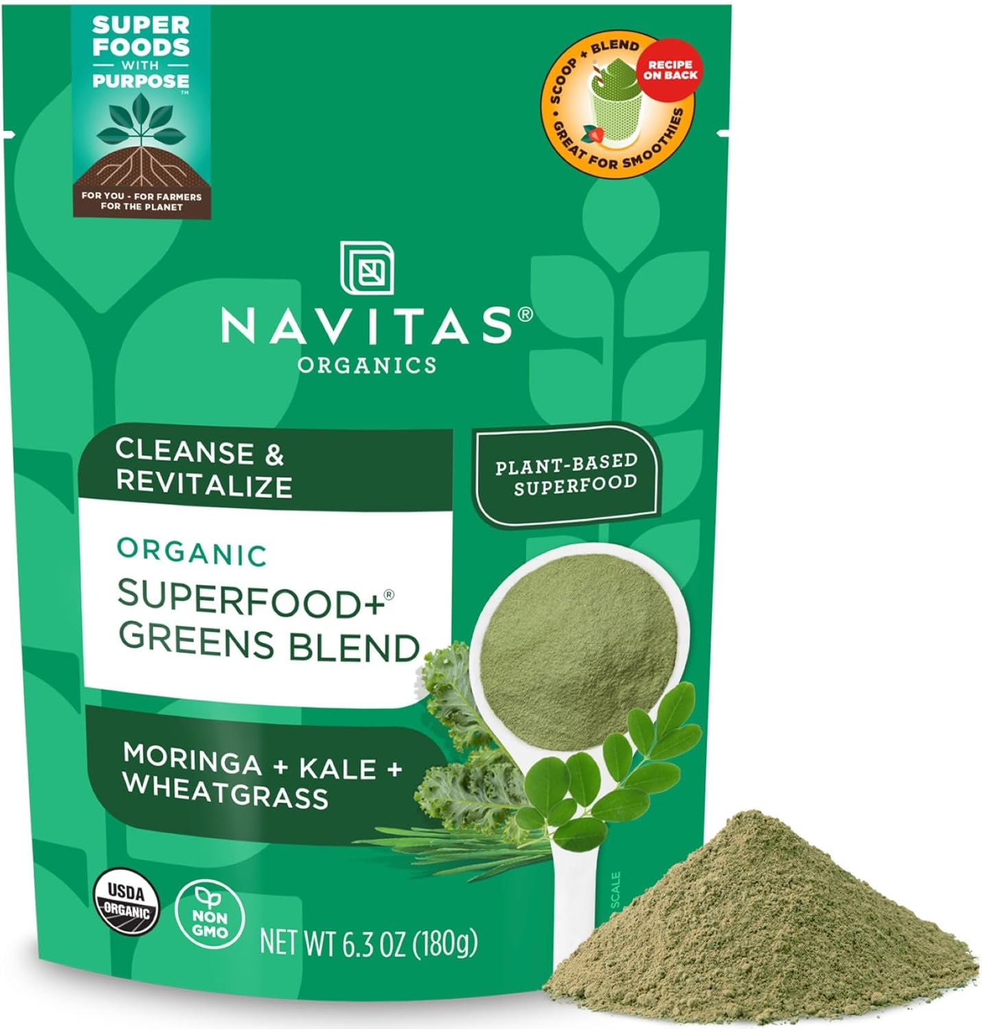Organic Detox Support Superfood Greens Blend (Moringa, Kale, Wheatgrass) 6.3oz - 30 Servings, Non-GMO, Vegan, Gluten-Free, Keto, Paleo