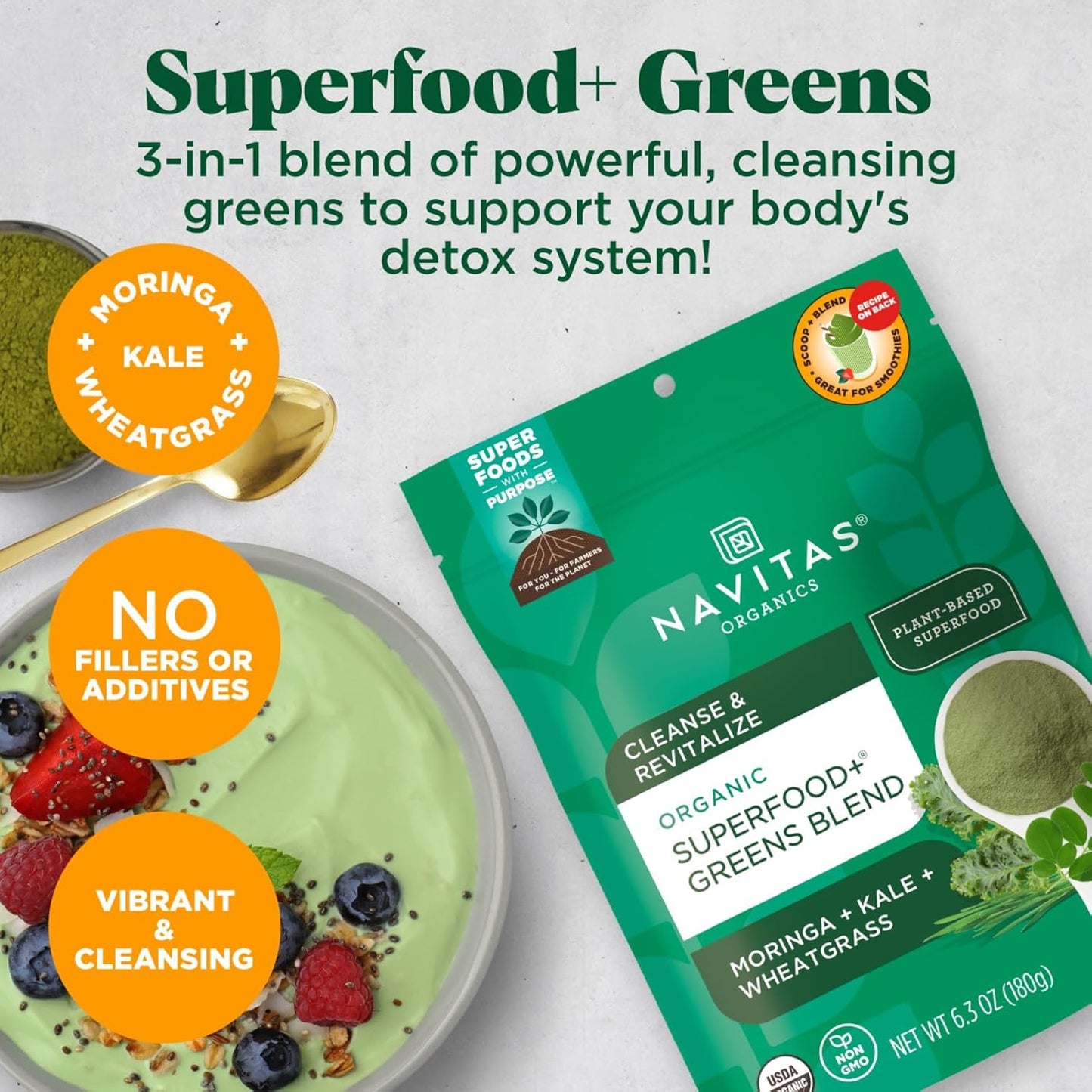 Organic Detox Support Superfood Greens Blend (Moringa, Kale, Wheatgrass) 6.3oz - 30 Servings, Non-GMO, Vegan, Gluten-Free, Keto, Paleo