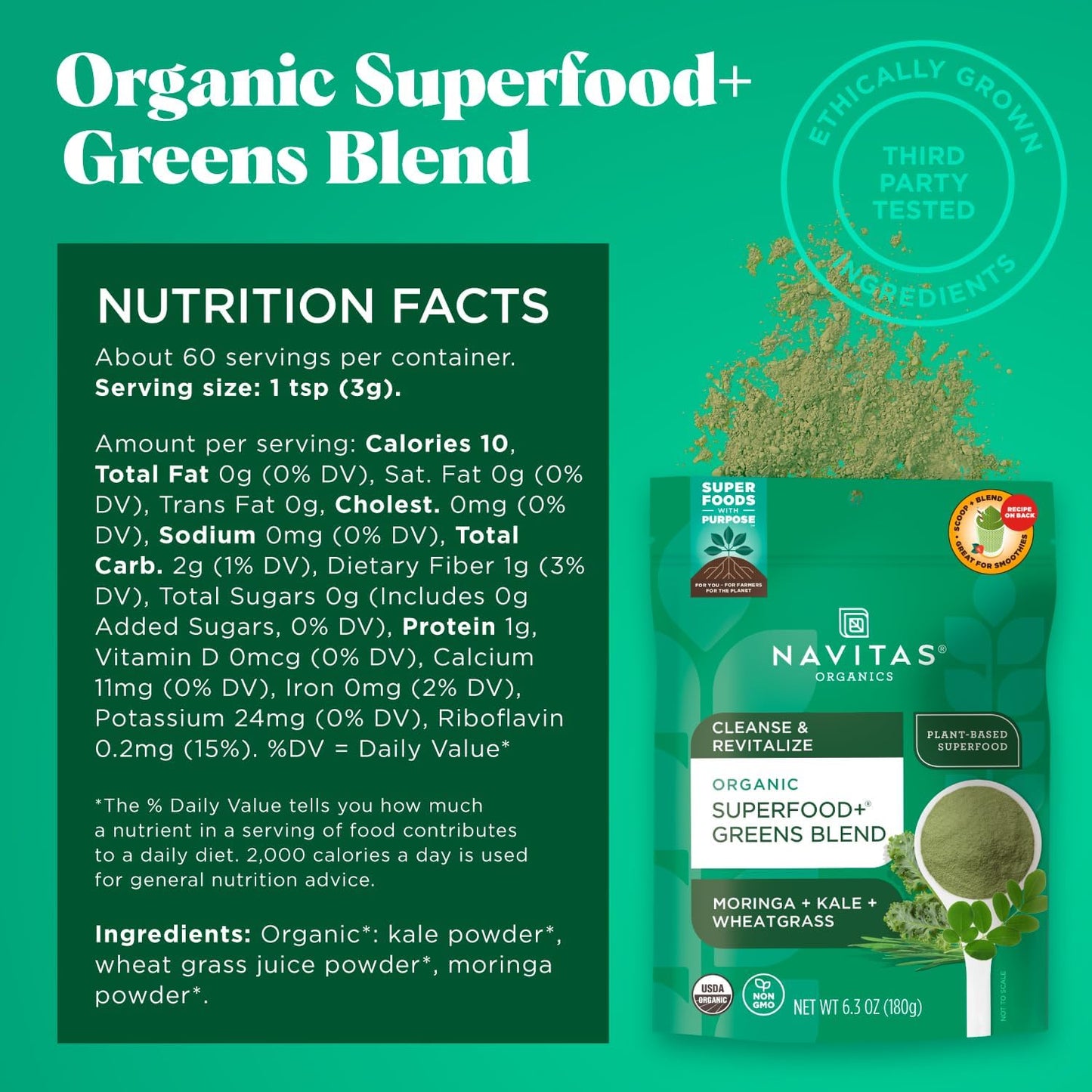 Organic Detox Support Superfood Greens Blend (Moringa, Kale, Wheatgrass) 6.3oz - 30 Servings, Non-GMO, Vegan, Gluten-Free, Keto, Paleo