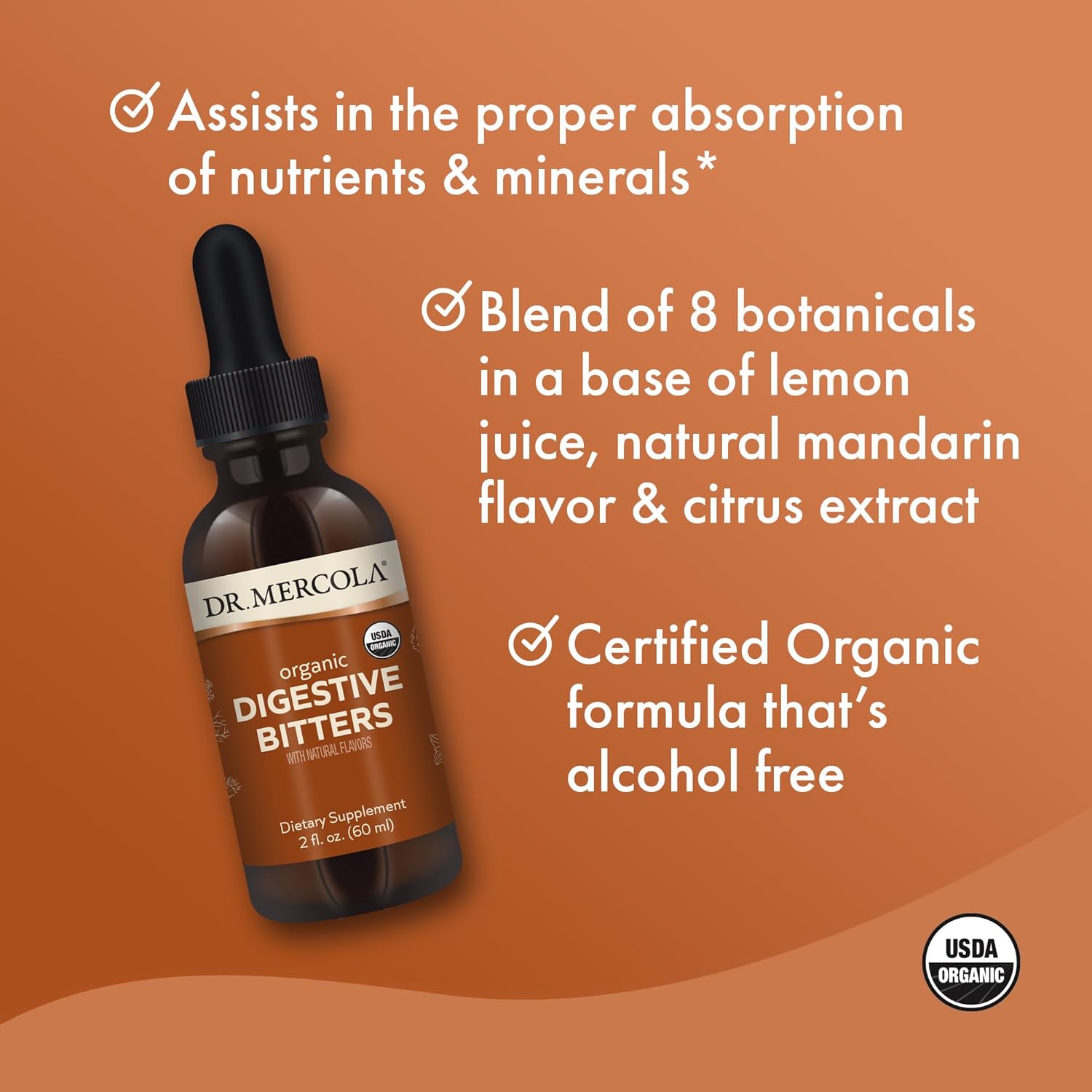 Organic Digestive Bitters Liquid Drops - 2 Fl. Oz., 30 Servings - Dr. Mercola Dietary Supplement - Digestive Support - Non-GMO - USDA Certified Organic