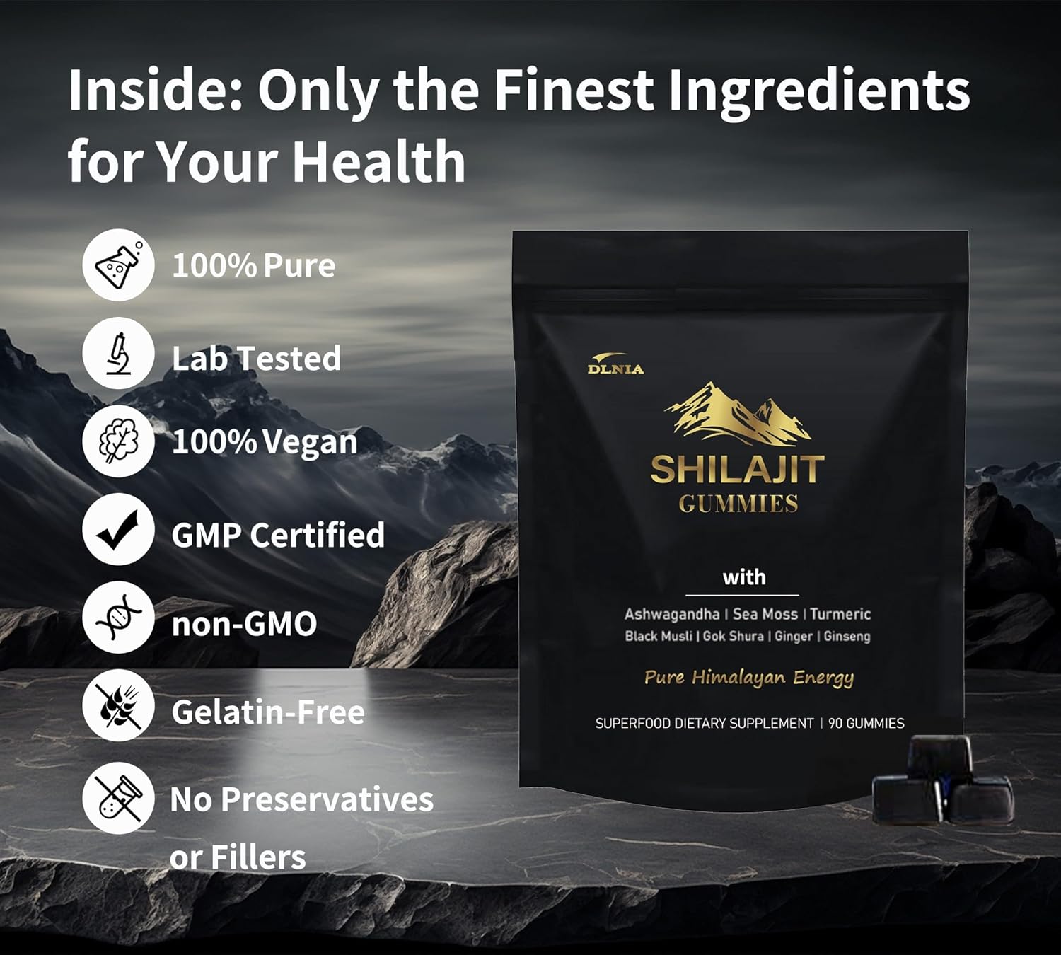 Organic DLNIA Shilajit Gummies with Ashwagandha, Sea Moss, Turmeric - Vegan Himalayan Shilajit Supplement for Immune Support & Overall Health