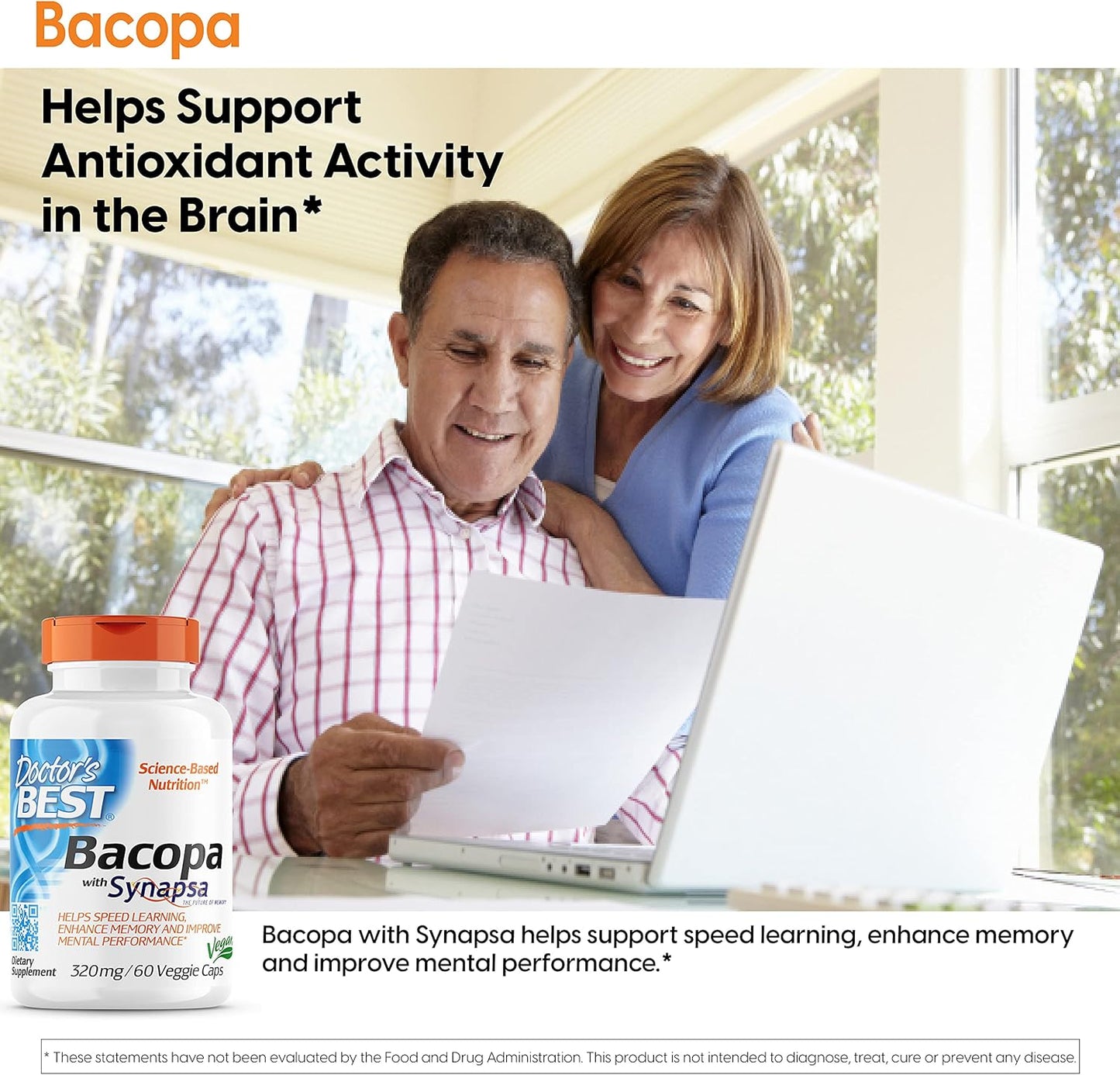 Organic Doctor's Best Bacopa 60 Veggie Capsules for Cognitive Performance - Non-GMO, Gluten-Free, Soy-Free, Vegan Supplement