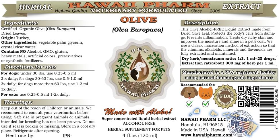 Organic Dried Olive Leaf Liquid Extract for Pets - Alcohol-Free Herbal Supplement from Hawaii Pharm - 60 oz