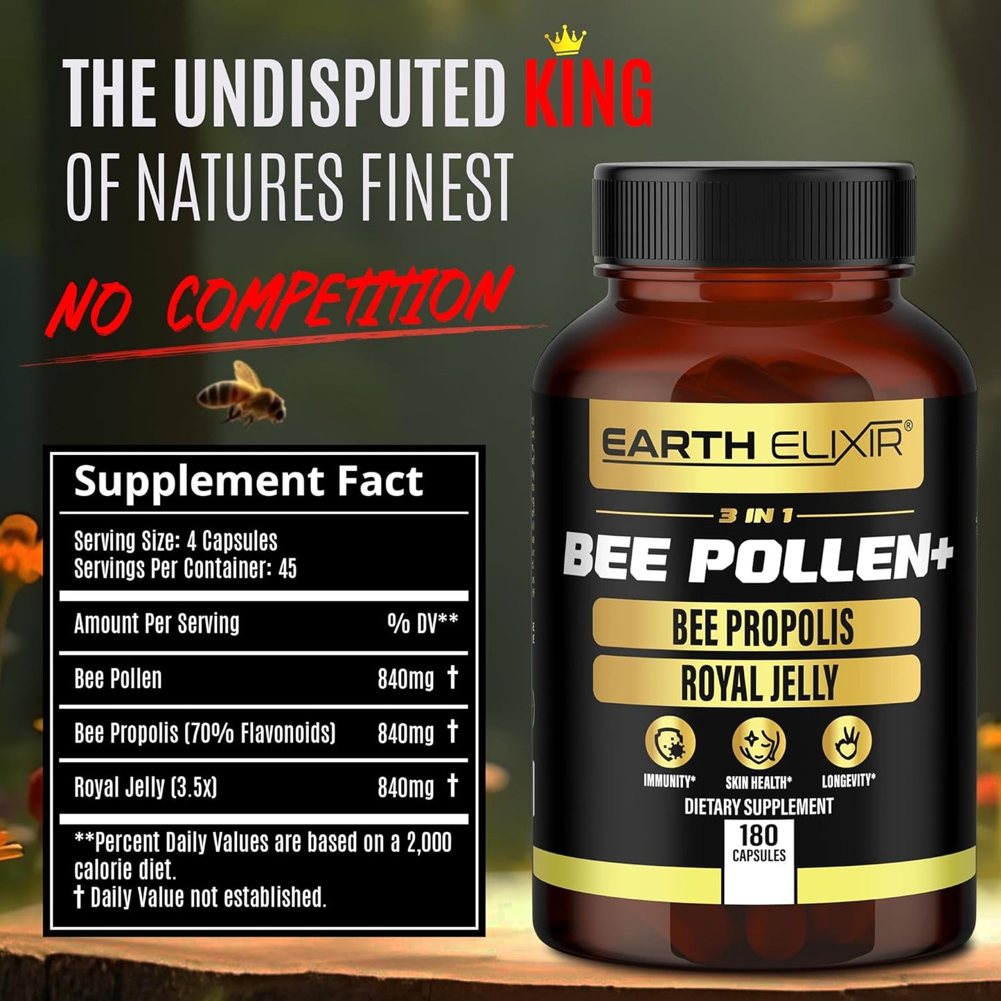 Organic Earth Elixir 3-in-1 Bee Pollen Capsules (180 Count) - Bee Propolis & Royal Jelly - Third Party Tested - Natural Bee Pollen Supplement - No Fillers