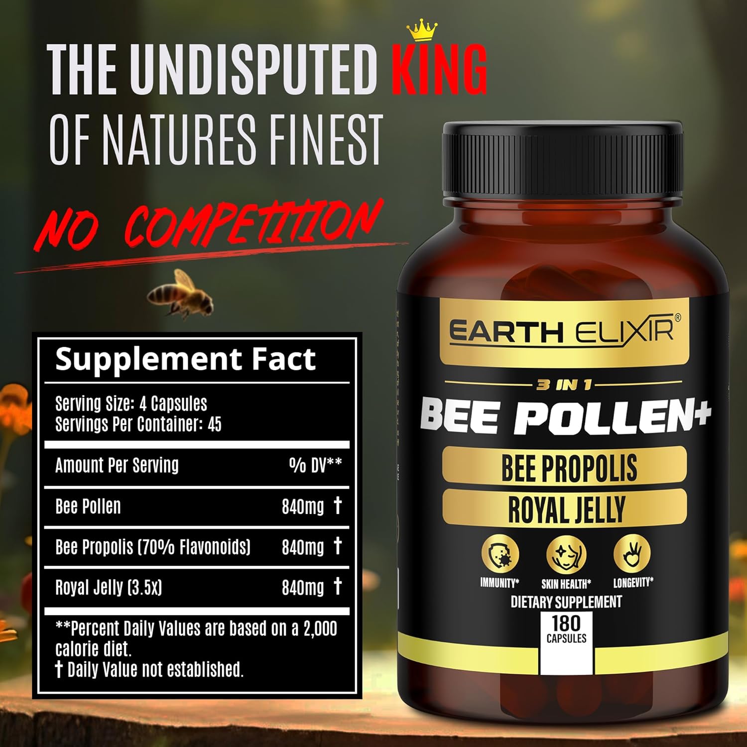 Organic Earth Elixir 3-in-1 Bee Pollen Capsules (180 Count) - Bee Propolis & Royal Jelly - Third Party Tested - Natural Bee Pollen Supplement - No Fillers