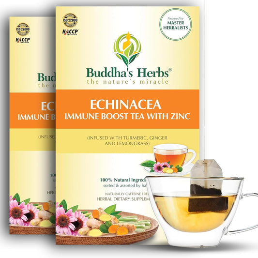 Organic Echinacea Herbal Tea Supplement with Zinc, Turmeric, Ginger & Lemongrass for Immune Support - 2 Pack, 44 Tea Bags by Buddha's Herbs