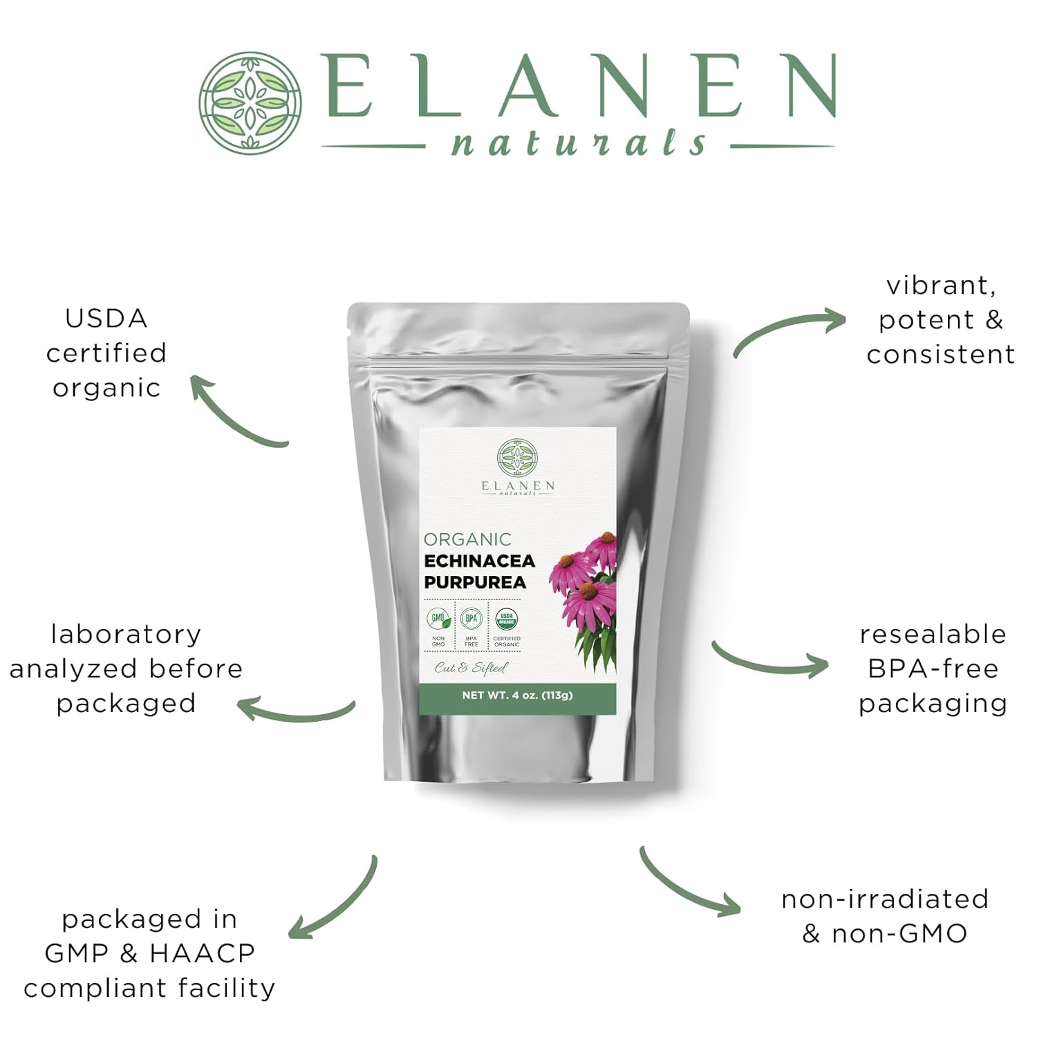 Organic Echinacea Purpurea Tea - USDA Certified 4 oz. (113g) - Premium Quality Herb Cut & Sifted - Purple Coneflower by Elanen Naturals