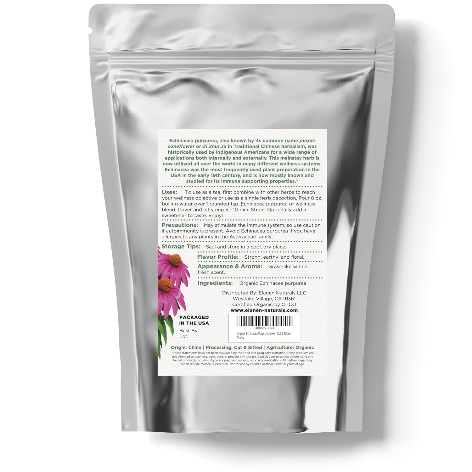 Organic Echinacea Purpurea Tea - USDA Certified 4 oz. (113g) - Premium Quality Herb Cut & Sifted - Purple Coneflower by Elanen Naturals