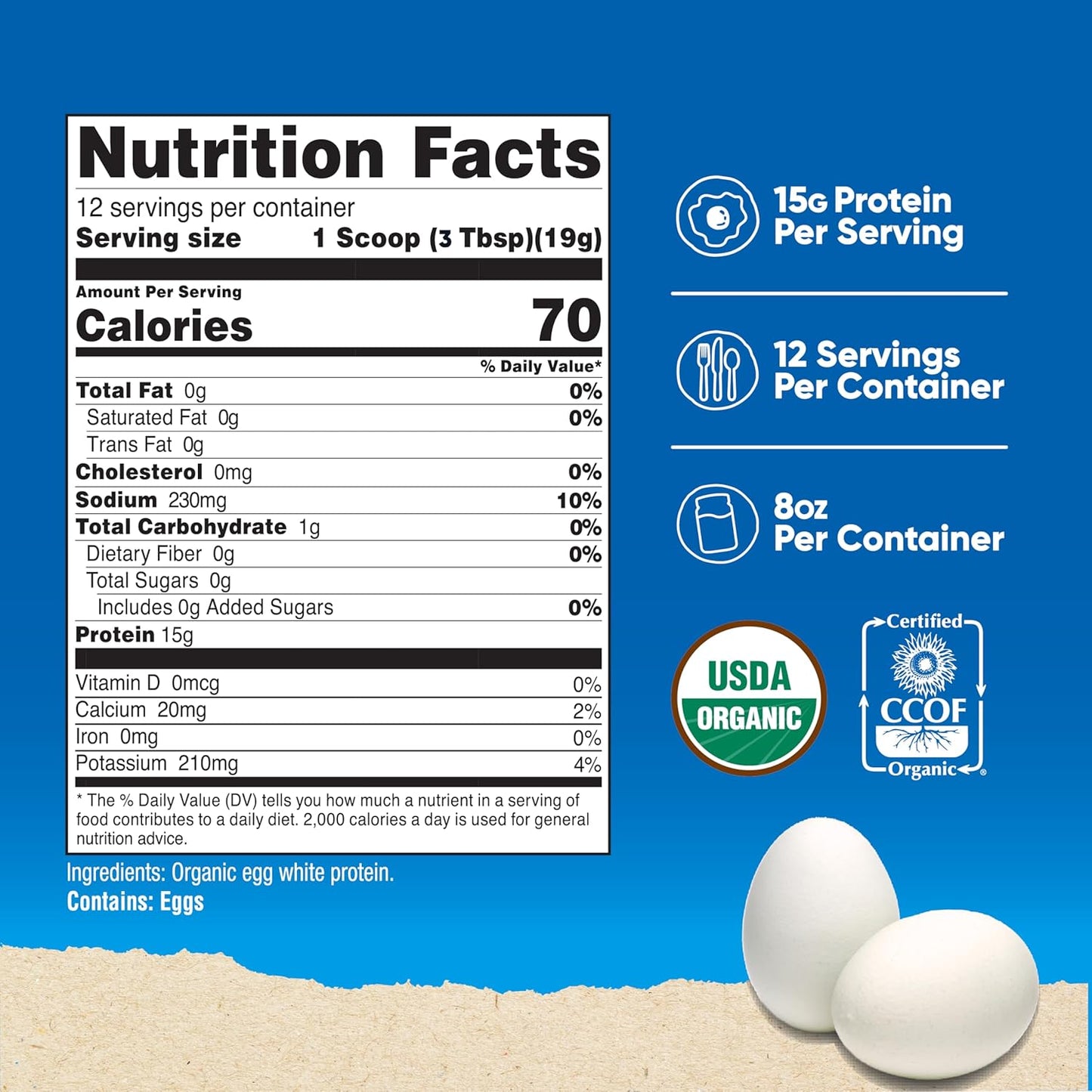 Organic Egg White Protein Powder - Unflavored, 15g Protein Per Serving, 8oz, GMO-Free, Gluten Free