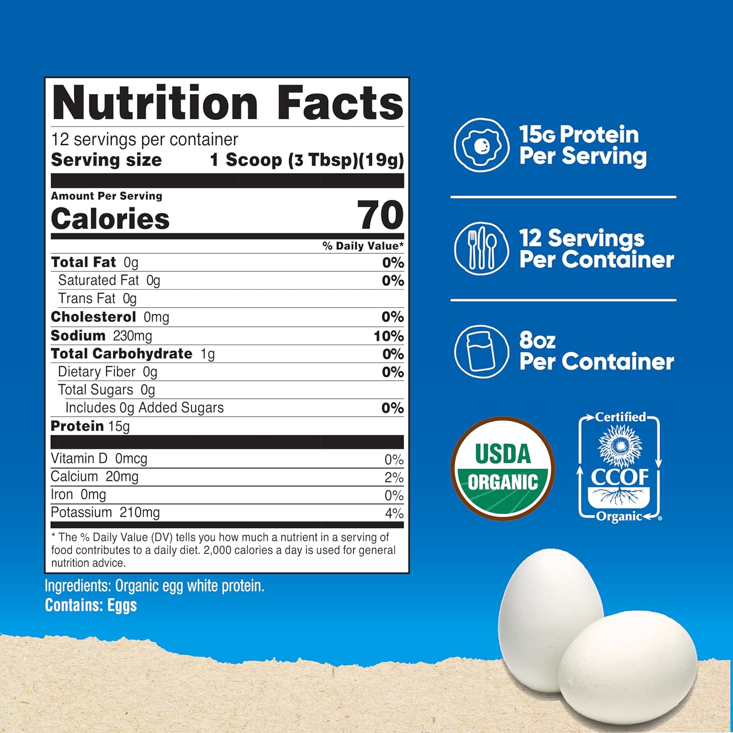 Organic Egg White Protein Powder - Unflavored, 15g Protein Per Serving, 8oz, GMO-Free, Gluten Free