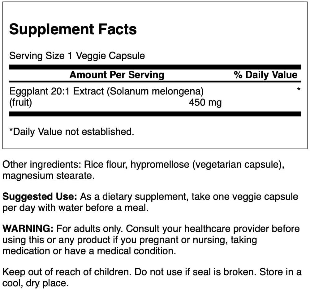 Organic Eggplant Extract 20:1 450mg Capsules for Vegetarian Diets - 30 Count