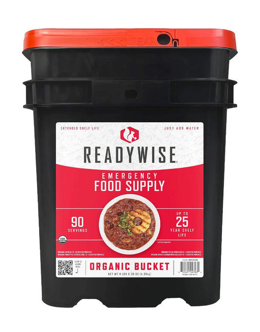 Organic Emergency Food Supply Bucket - 90 Servings, MRE Meals, Freeze Dried Survival Food for Camping & Hiking - 25 Year Shelf Life