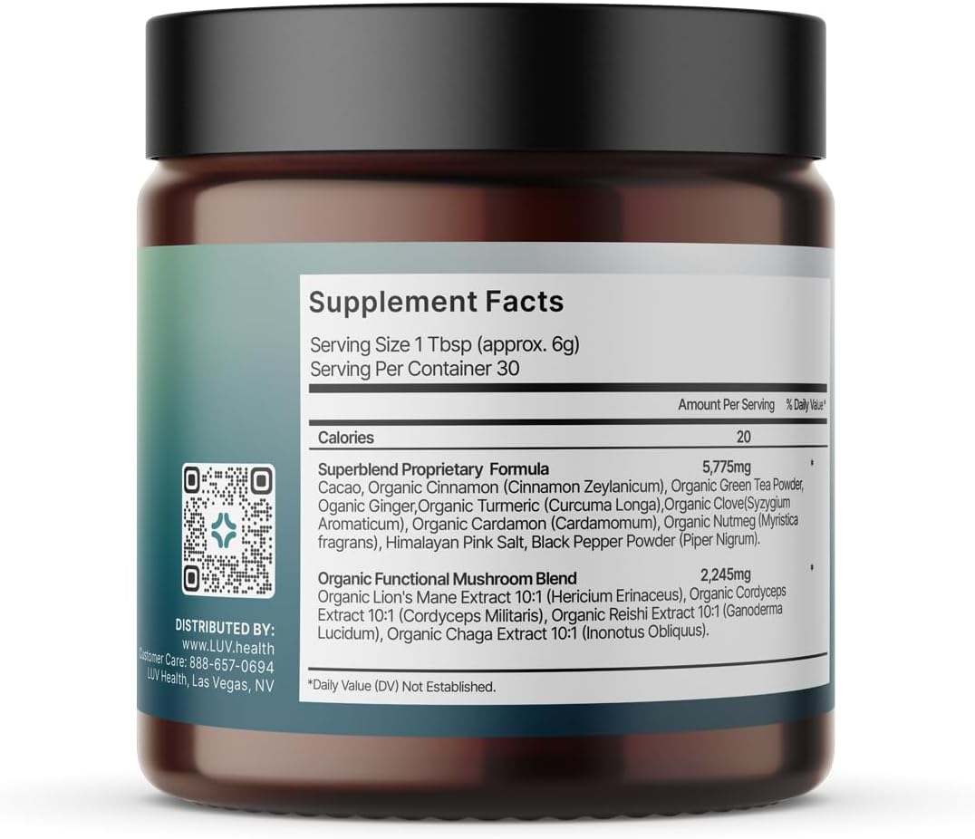 Organic Energy and Wellness Powder with Cacao, Turmeric, and Adaptogens - 30 Servings