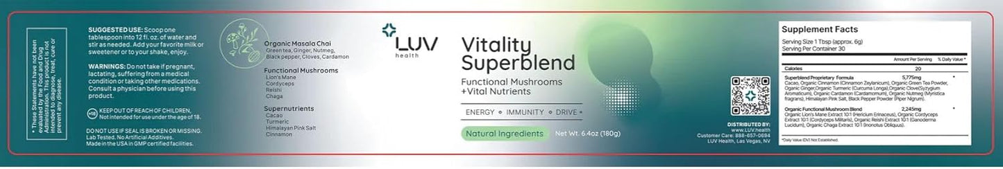 Organic Energy and Wellness Powder with Cacao, Turmeric, and Adaptogens - 30 Servings