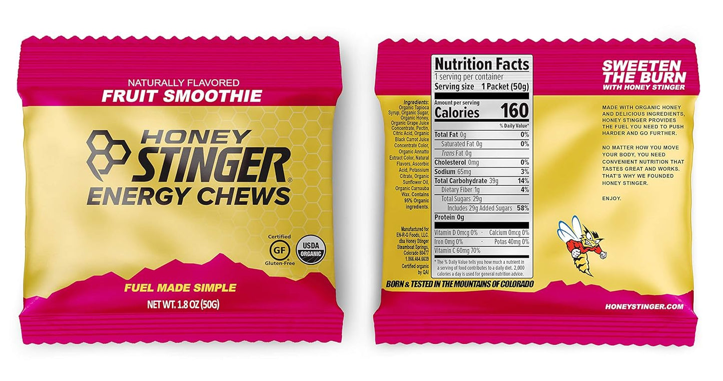 Organic Energy Chews Variety Pack - 8 Count with Sticker - Chewy Gummy Energy Source for Any Activity - Pink Lemonade, Fruit Smoothie, Pomegranate Passionfruit, Cherry Blossom - by Honey Stinger